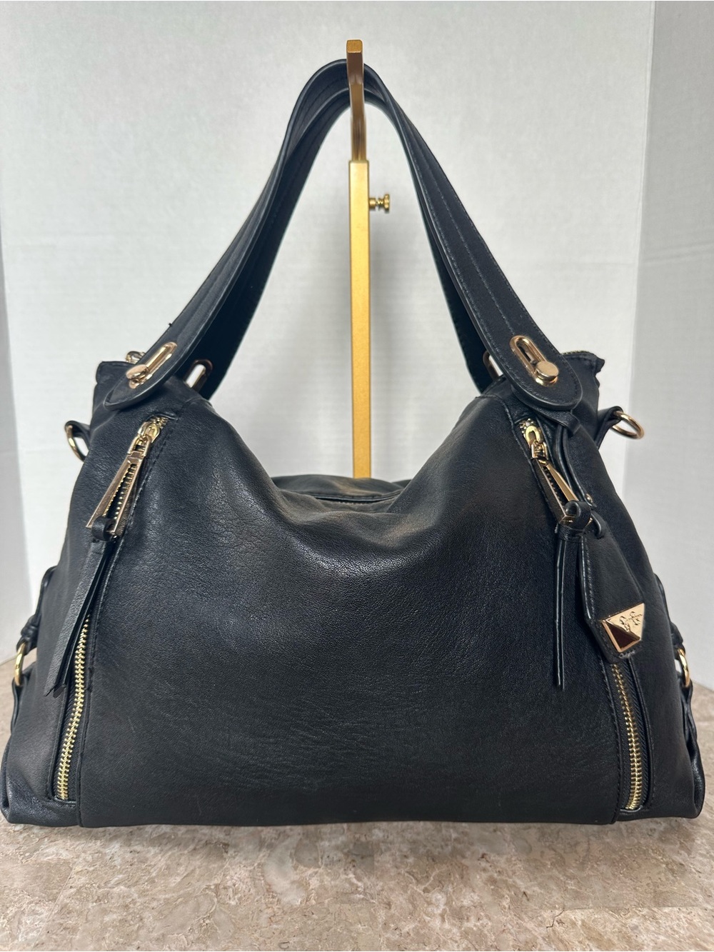 Jessica Simpson Black Slouchy Hobo Bag Shoulder Purse Gold Hardware Edgy Chic